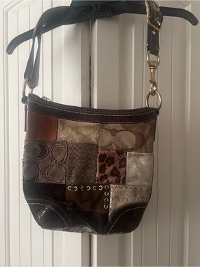 Coach Brown Multi Patchwork Shoulder Bag with Leopard Accent